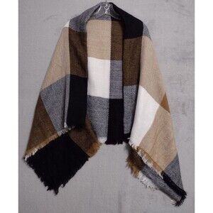Blanket scarf - 56x56 - Soft- Black, white, tan, brown, gray - lg squares - EUC!